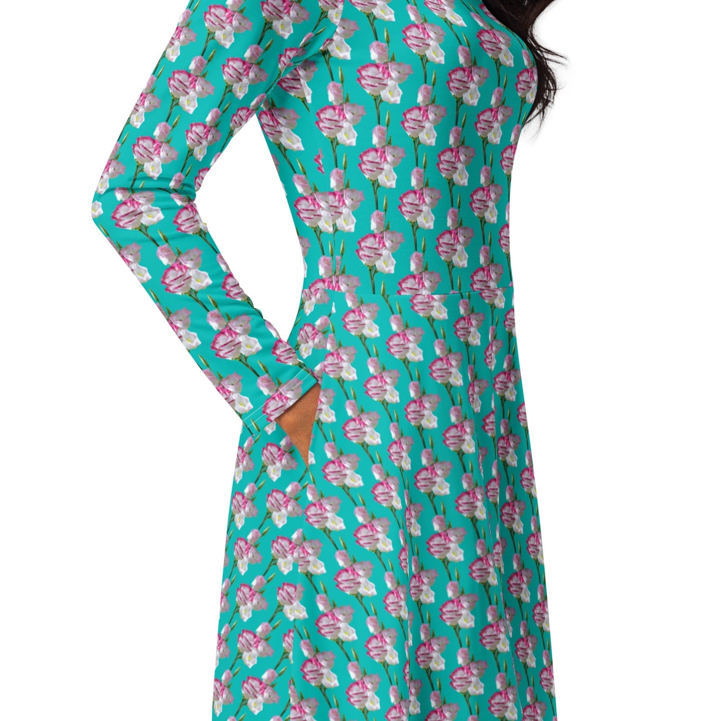 Women's All - over print long sleeve midi dress, Iris Blue blooming Pattern Summer Dresses - PratSN