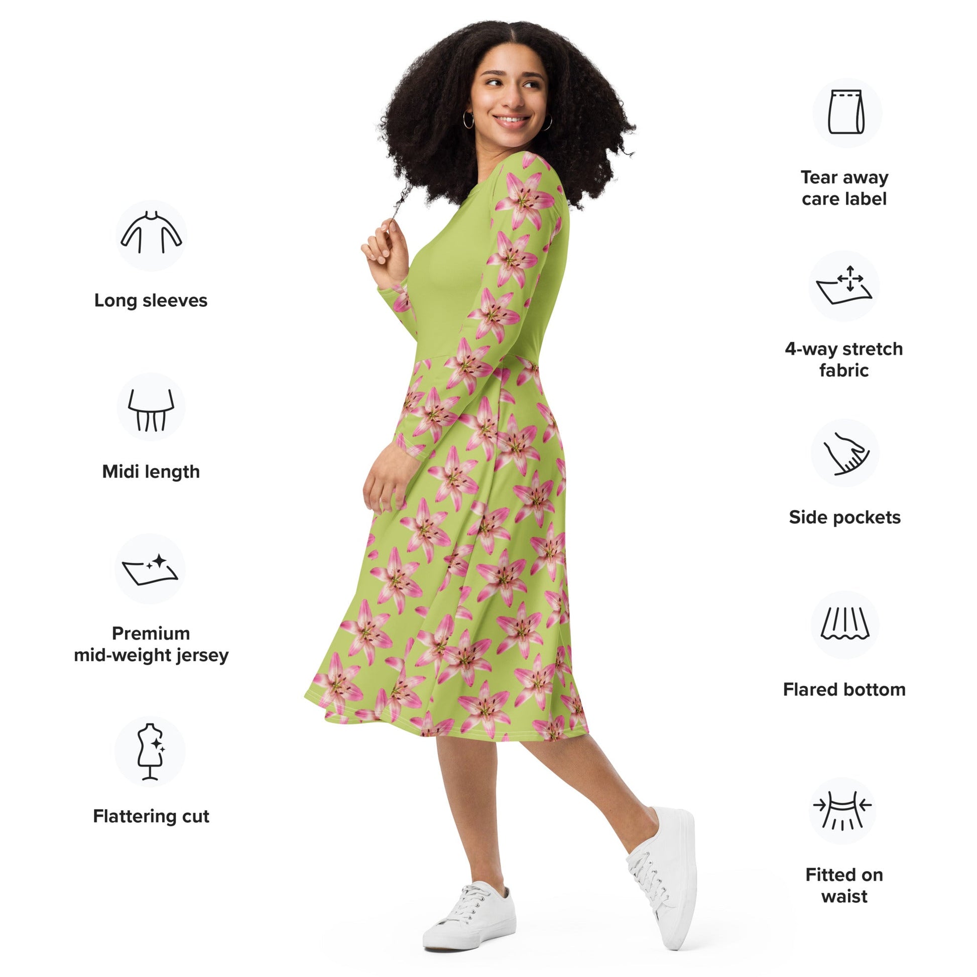 Women's All - over print long sleeve midi dress, Pastel yellow Pink Floral Summer Dresses - PratSN