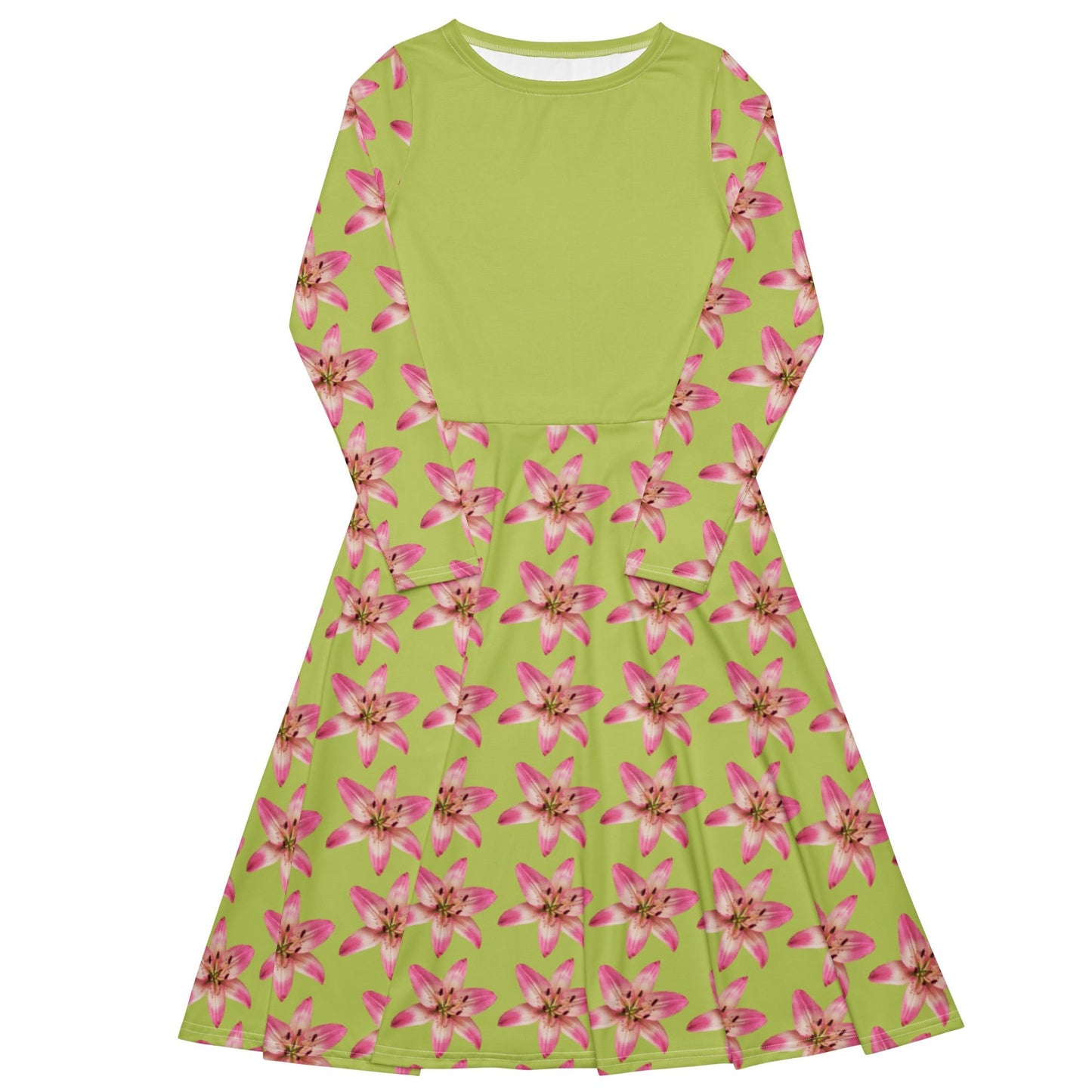 Women's All - over print long sleeve midi dress, Pastel yellow Pink Floral Summer Dresses - PratSN
