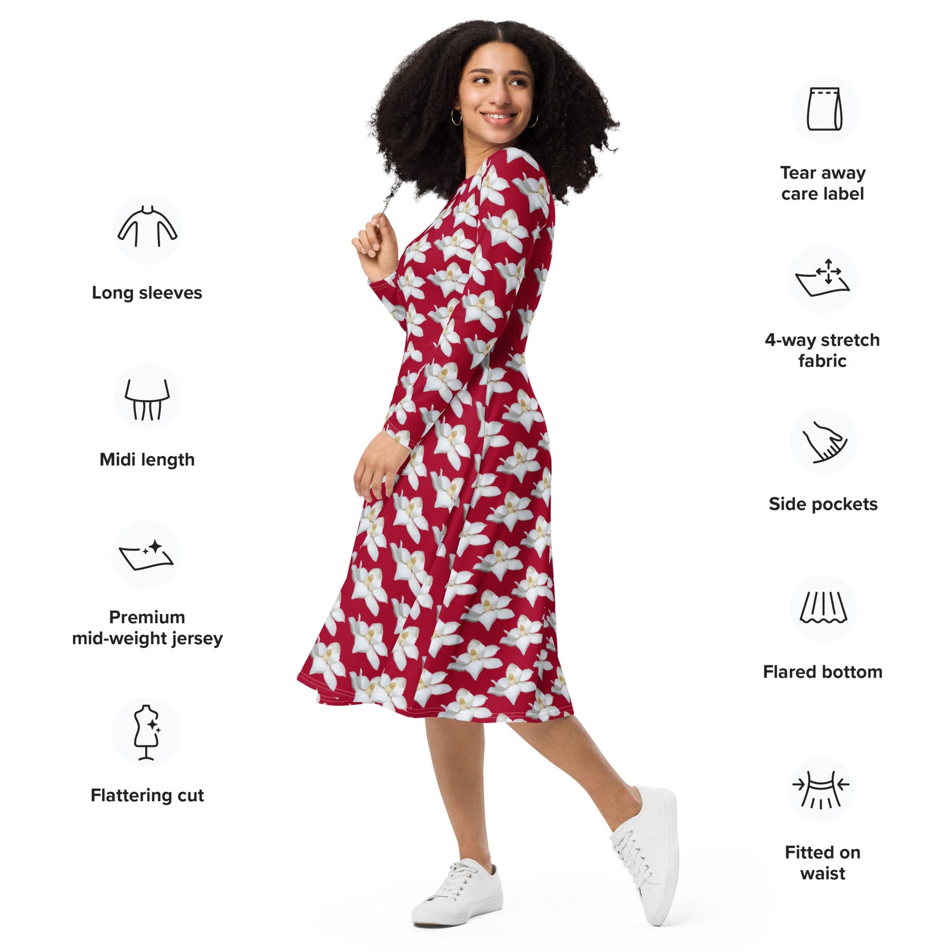 Women's All - over print long sleeve midi dress, Red White Flowers Summer Dresses - PratSN