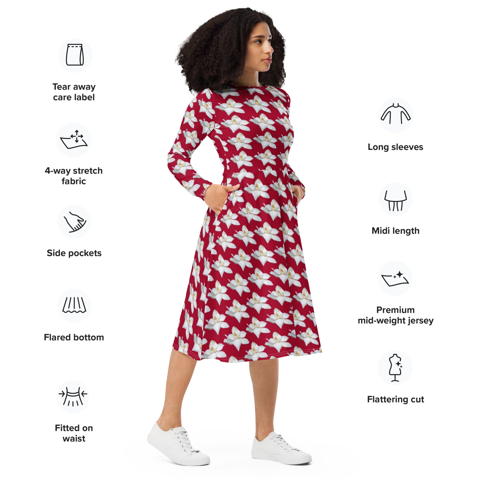 Women's All - over print long sleeve midi dress, Red White Flowers Summer Dresses - PratSN