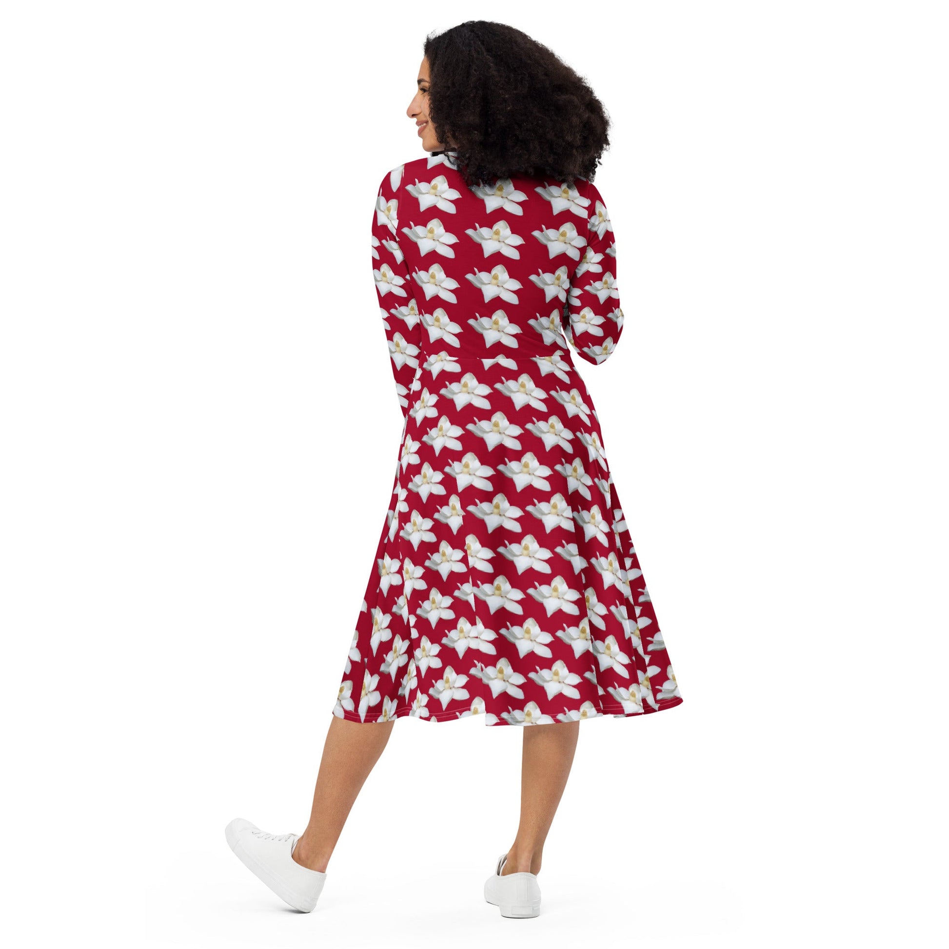 Women's All - over print long sleeve midi dress, Red White Flowers Summer Dresses - PratSN