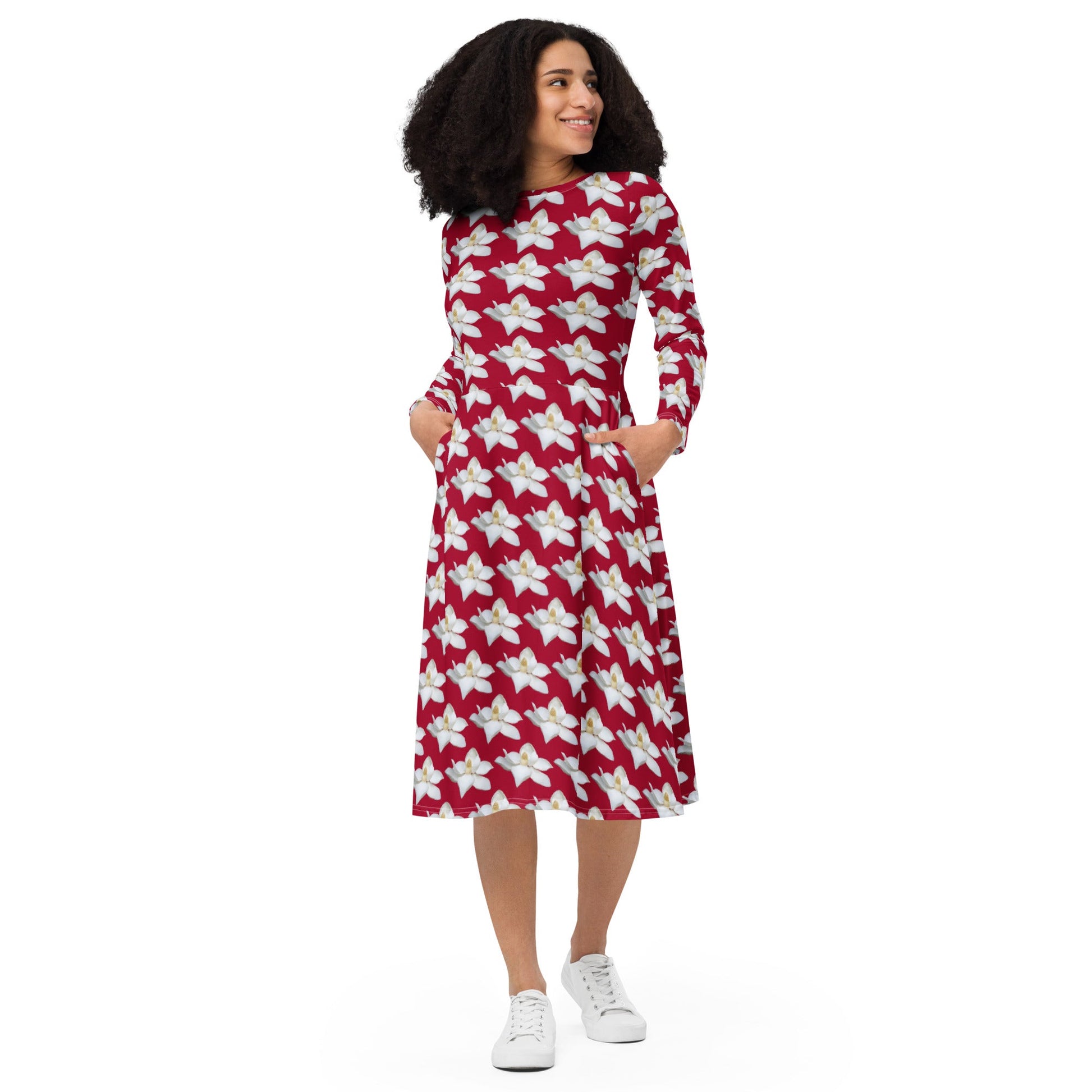 Women's All - over print long sleeve midi dress, Red White Flowers Summer Dresses - PratSN