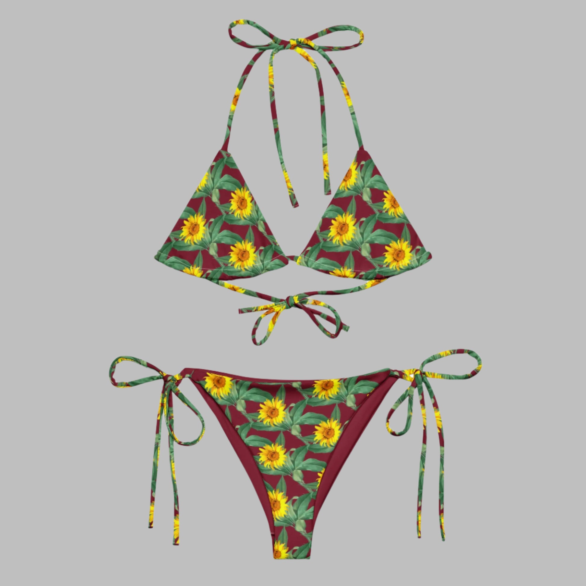 Women's All - over print recycled string bikini, Burgundy Yellow Bikini, Sunflower Top, Floral Bikini, Cute Summer Bikini - PratSN