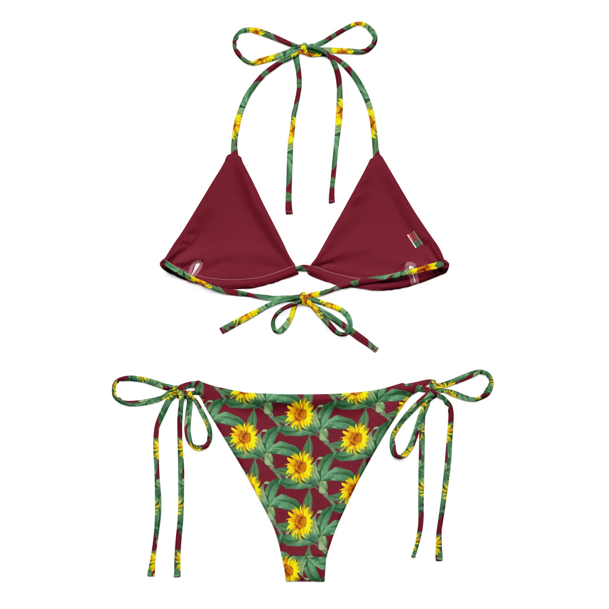 Women's All - over print recycled string bikini, Burgundy Yellow Bikini, Sunflower Top, Floral Bikini, Cute Summer Bikini - PratSN