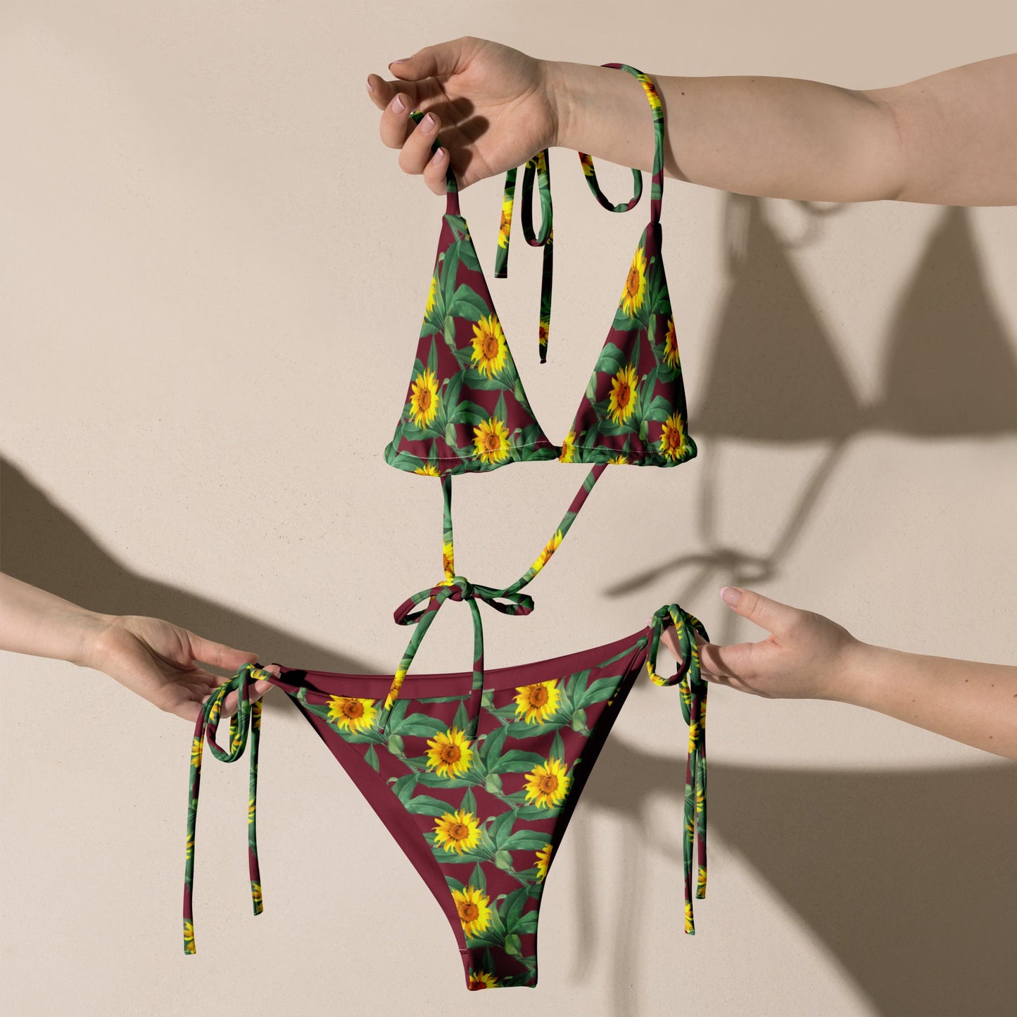 Women's All - over print recycled string bikini, Burgundy Yellow Bikini, Sunflower Top, Floral Bikini, Cute Summer Bikini - PratSN