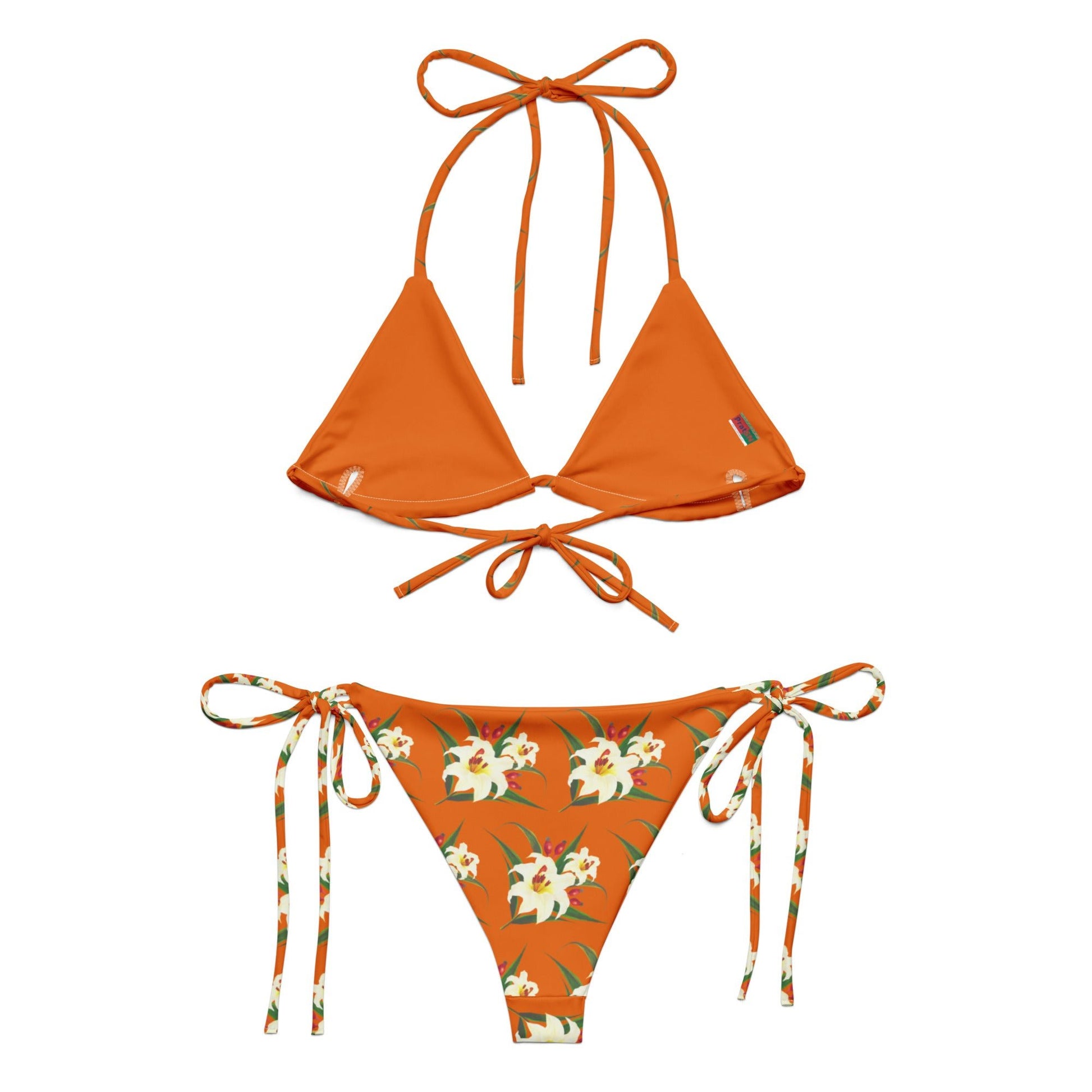 Women's All - over print recycled string bikini, Orange White Bikini, Floral Bikini, Cute Summer Bikini - PratSN