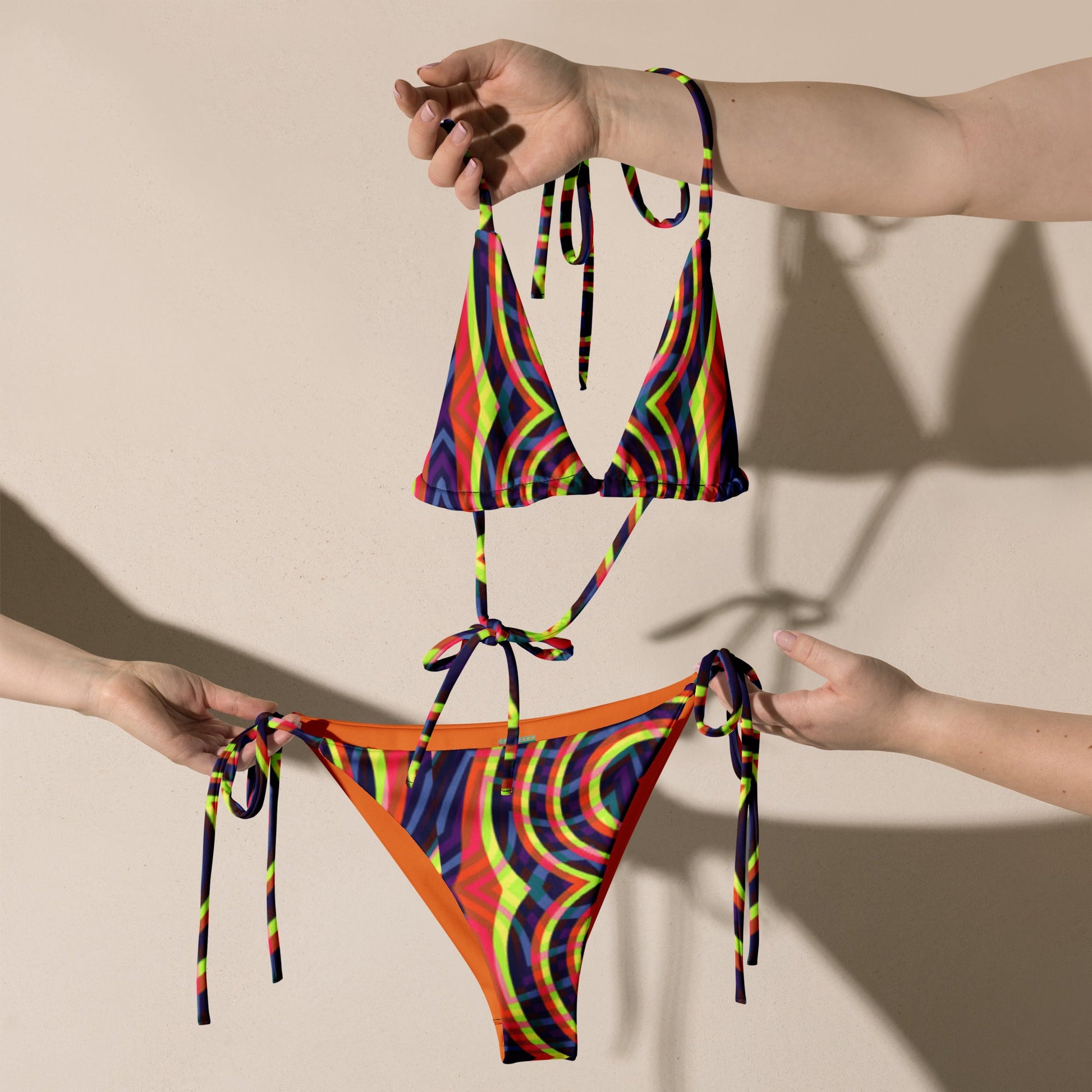 Women's All - over print recycled string bikini, Orange White Bikini, Floral Bikini, Cute Summer Bikini - PratSN