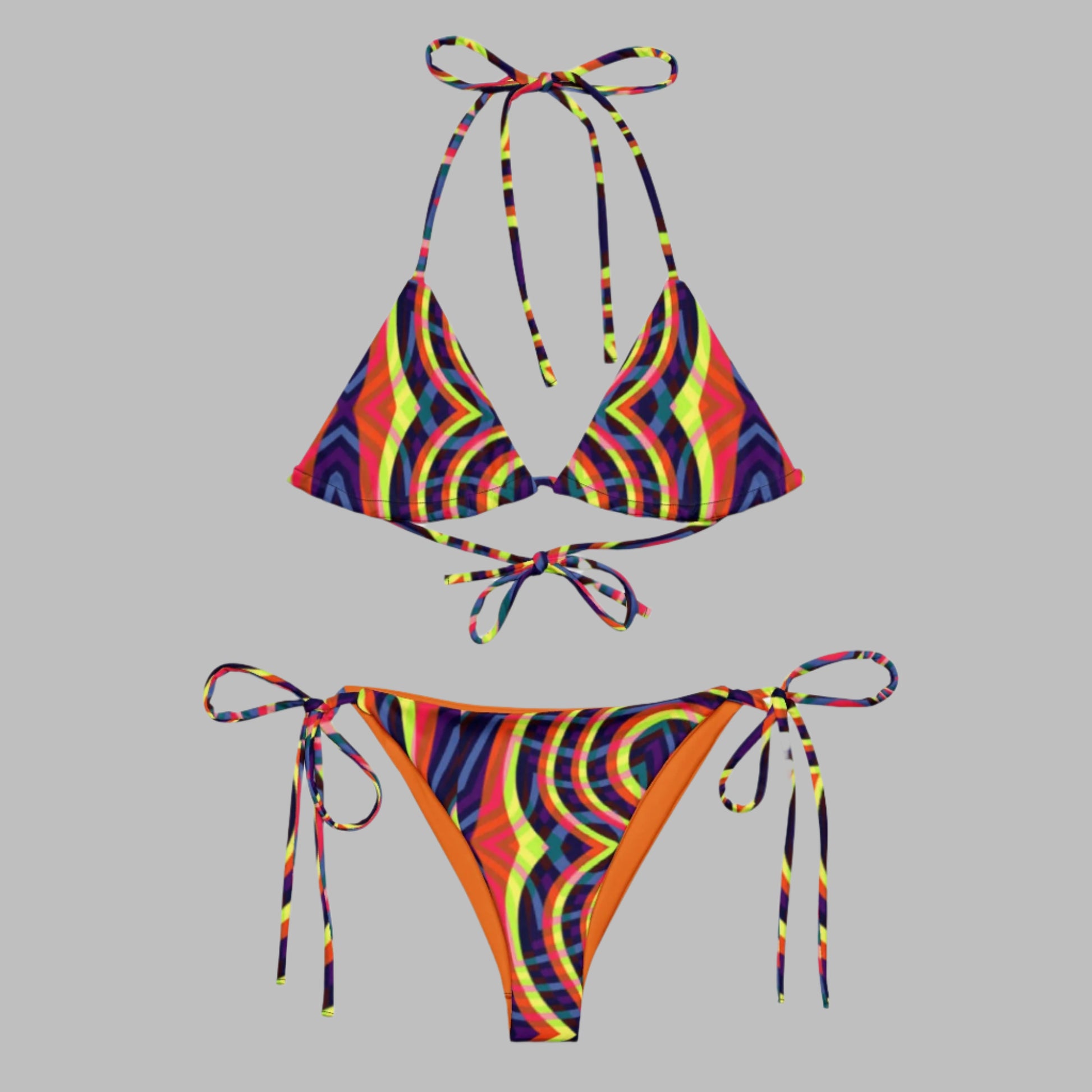 Women's All - over print recycled string bikini, Orange White Bikini, Floral Bikini, Cute Summer Bikini - PratSN