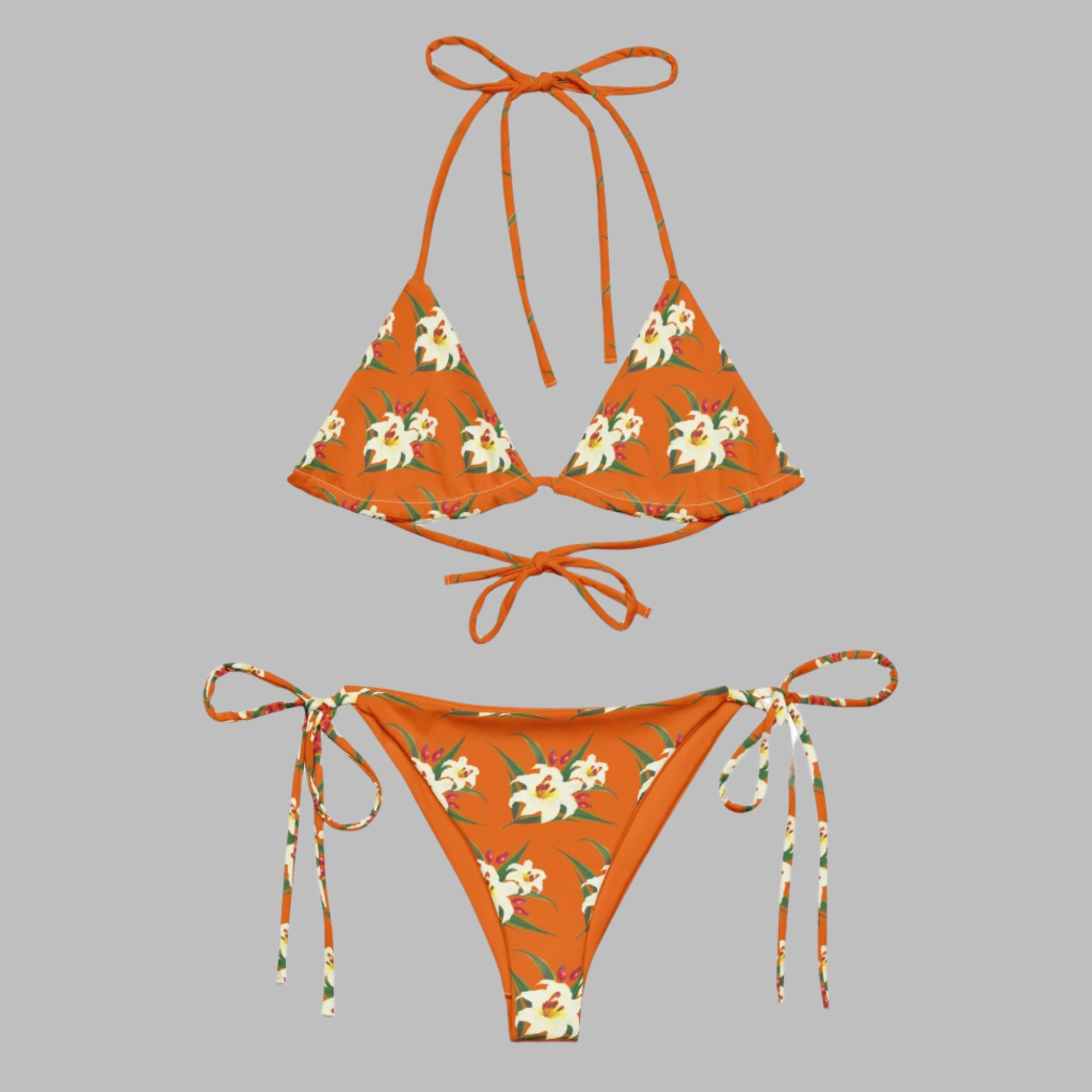 Women's All - over print recycled string bikini, Orange White Bikini, Floral Bikini, Cute Summer Bikini - PratSN