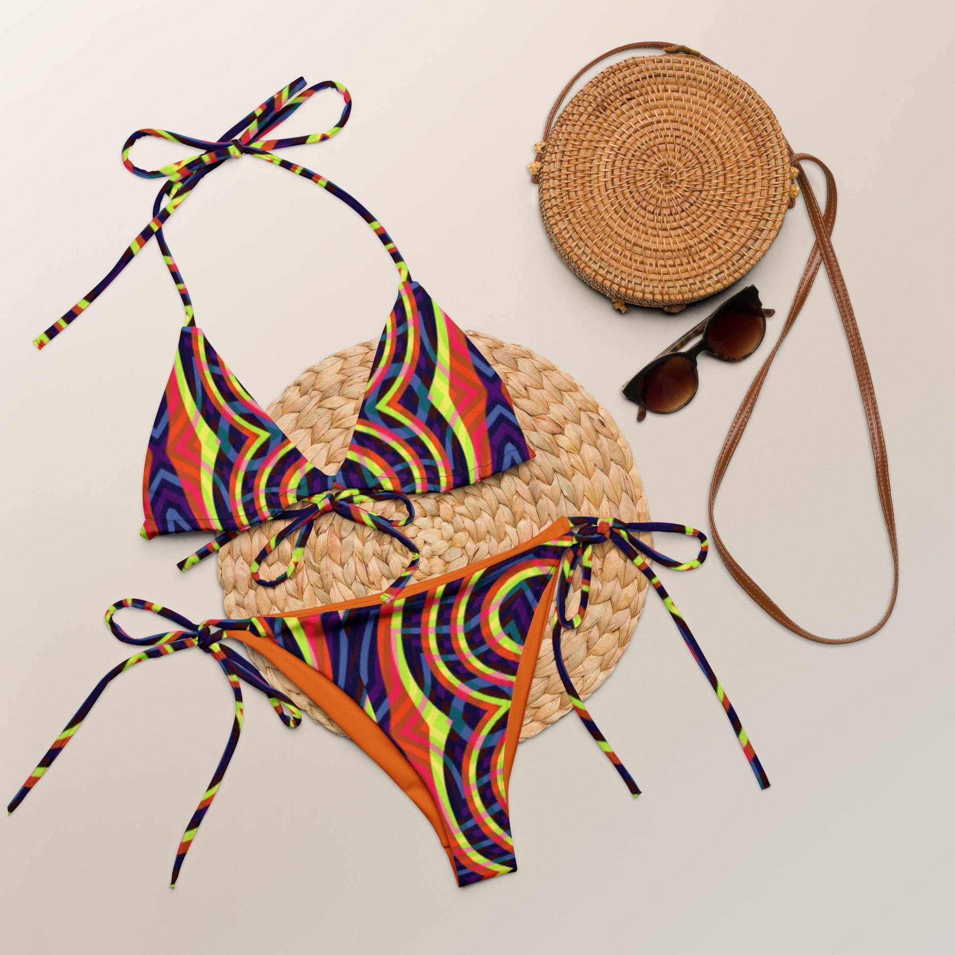Women's All - over print recycled string bikini, Orange White Bikini, Floral Bikini, Cute Summer Bikini - PratSN