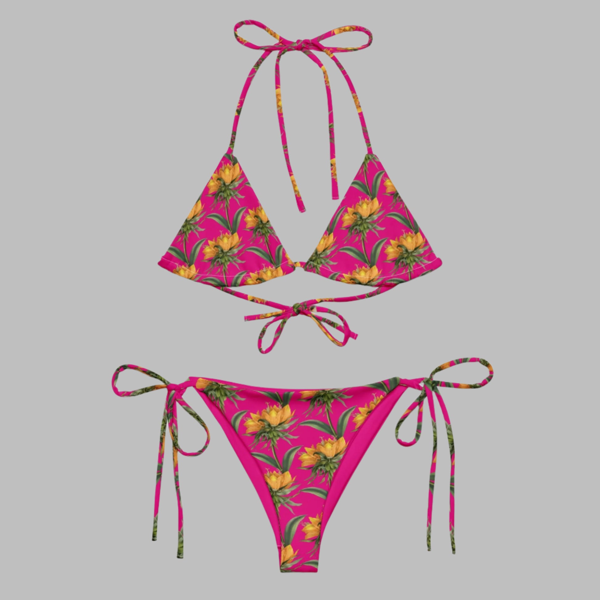 Women's All - over print recycled string bikini, Pink Yellow Bikini, Floral Bikini, Cute Summer Bikini - PratSN