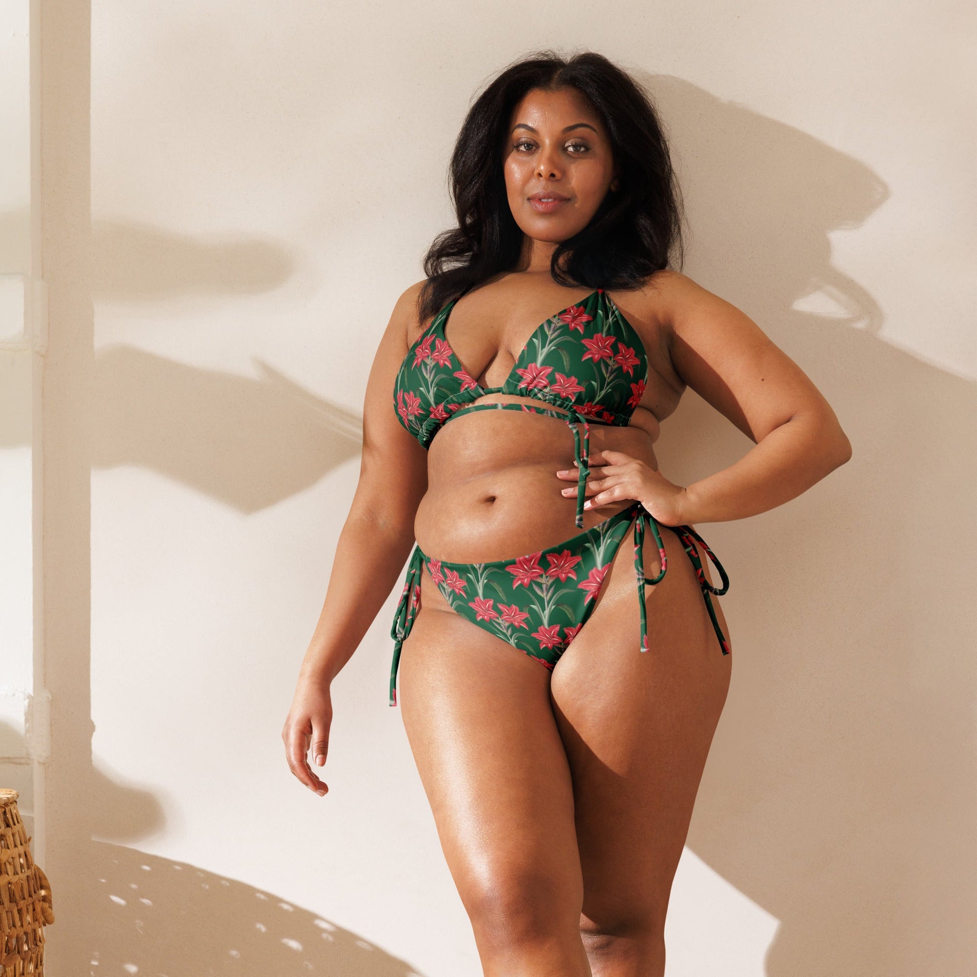 Women's All - over print string bikini, Green Pink Floral Top, Cute Summer Bikini Top, Floral Top, beautiful bikini top, Beach dress, Beach dress for summer and spring - PratSN