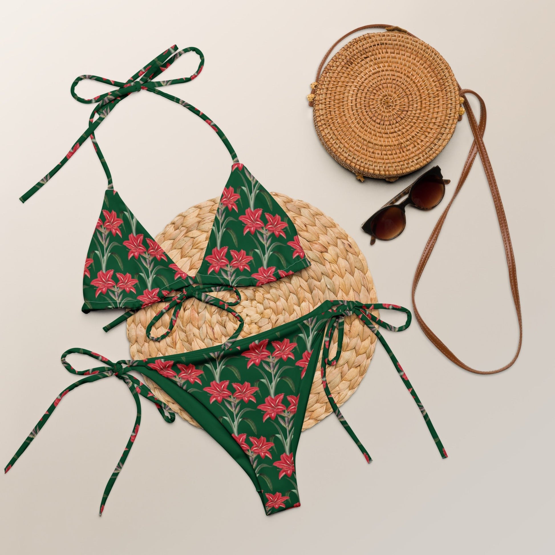 Women's All - over print string bikini, Green Pink Floral Top, Cute Summer Bikini Top, Floral Top, beautiful bikini top, Beach dress, Beach dress for summer and spring - PratSN