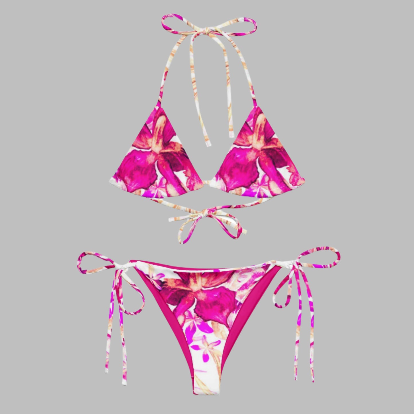 Women's all - over print string bikini, Pink Floral Bikini - PratSN