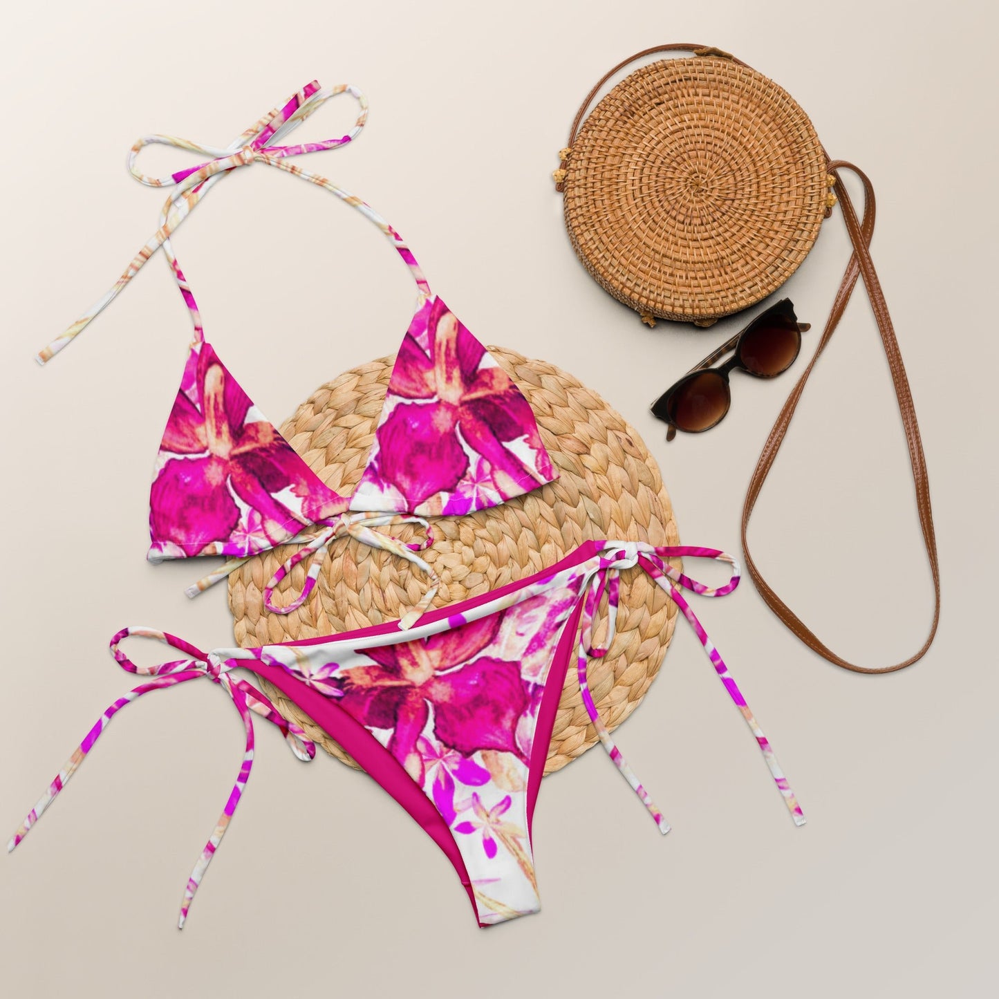 Women's all - over print string bikini, Pink Floral Bikini - PratSN