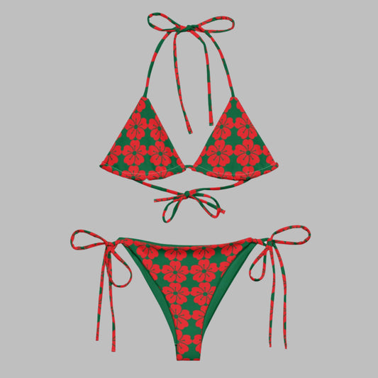 Women's all - over print string bikini, red and green floral Bikini, cute Summer Bikini - PratSN