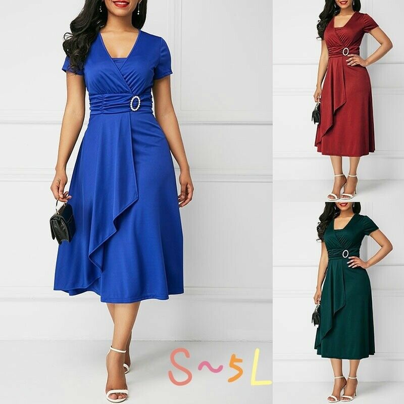 Women's Asymmetrical Big V - neck High Waist Midi Dress - PratSN