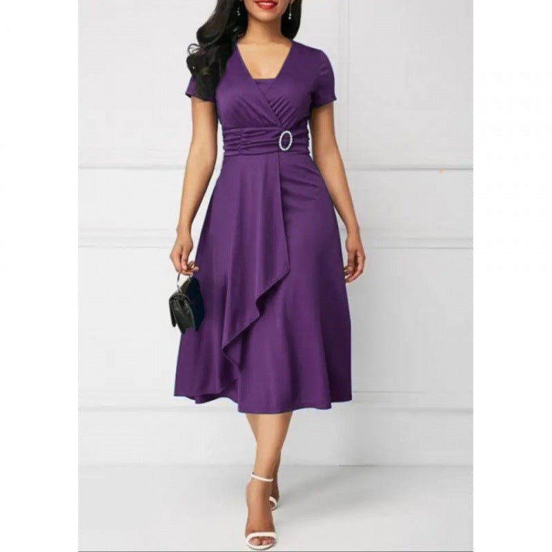 Women's Asymmetrical Big V - neck High Waist Midi Dress - PratSN