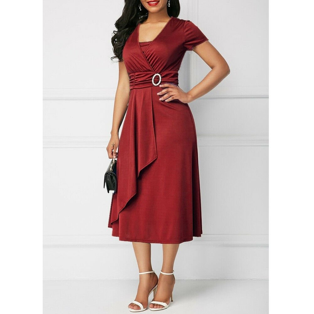 Women's Asymmetrical Big V - neck High Waist Midi Dress - PratSN