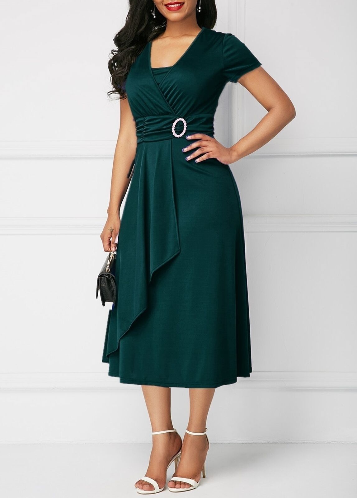 Women's Asymmetrical Big V - neck High Waist Midi Dress - PratSN