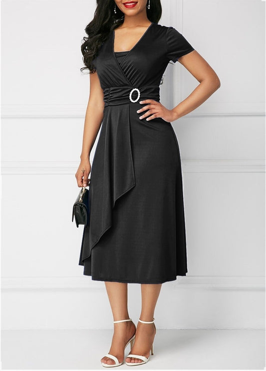 Women's Asymmetrical Big V - neck High Waist Midi Dress - PratSN