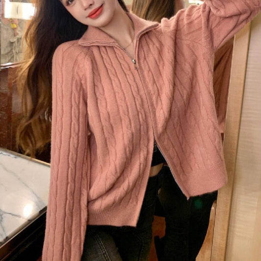 Women's Autumn And Winter Zipper And Lapel Cable - knit Sweater - PratSN
