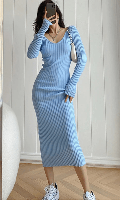Women's Autumn Knitted Dress V Neck Slim Elastic Bodycon Sweater Dress Winter knit Warm Long Dress - PratSN
