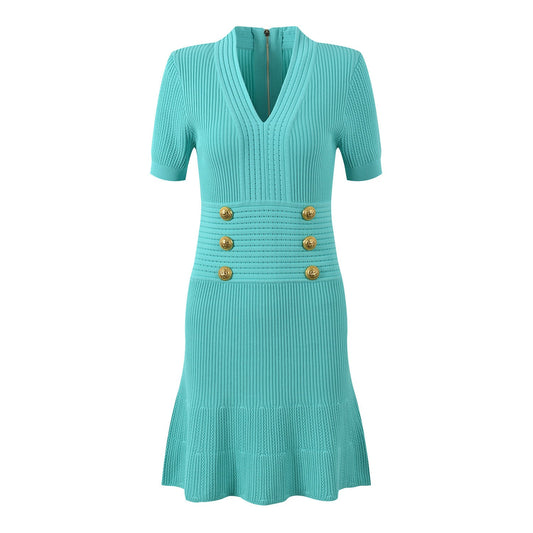 Women's Autumn Light Luxury Metal Buckle V - neck Knitted Dress - PratSN