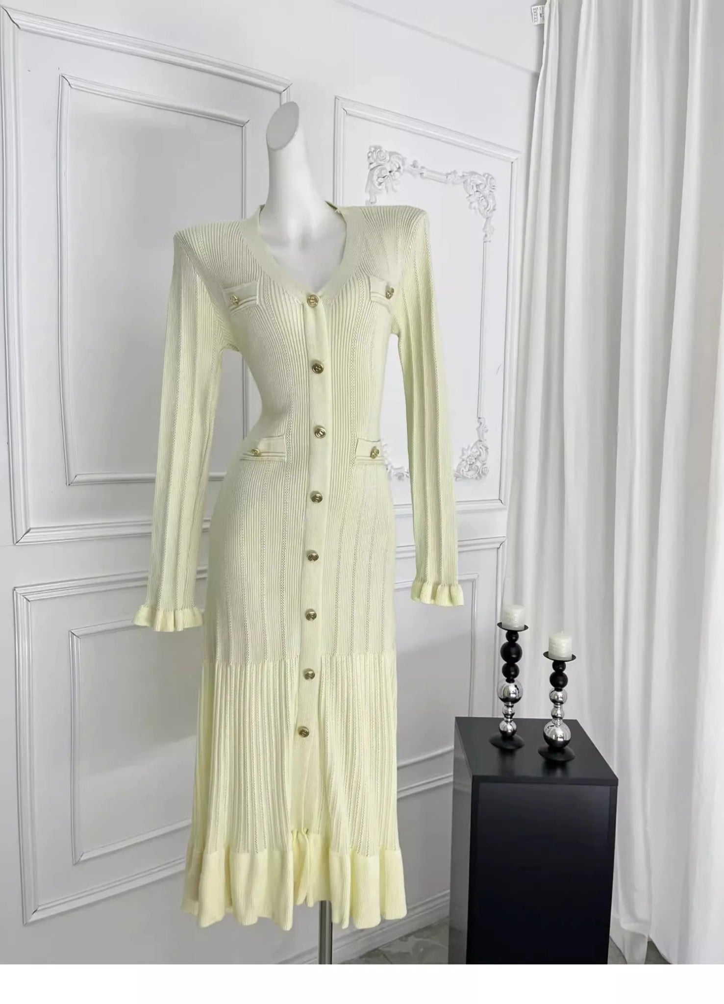 Women's Autumn Winter Dress French Style Elegant Single - breasted Ruffled Knitted Long Dress - PratSN