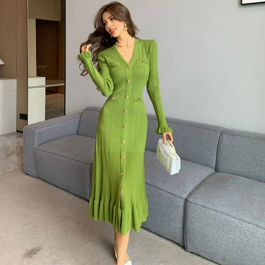 Women's Autumn Winter Dress French Style Elegant Single - breasted Ruffled Knitted Long Dress - PratSN