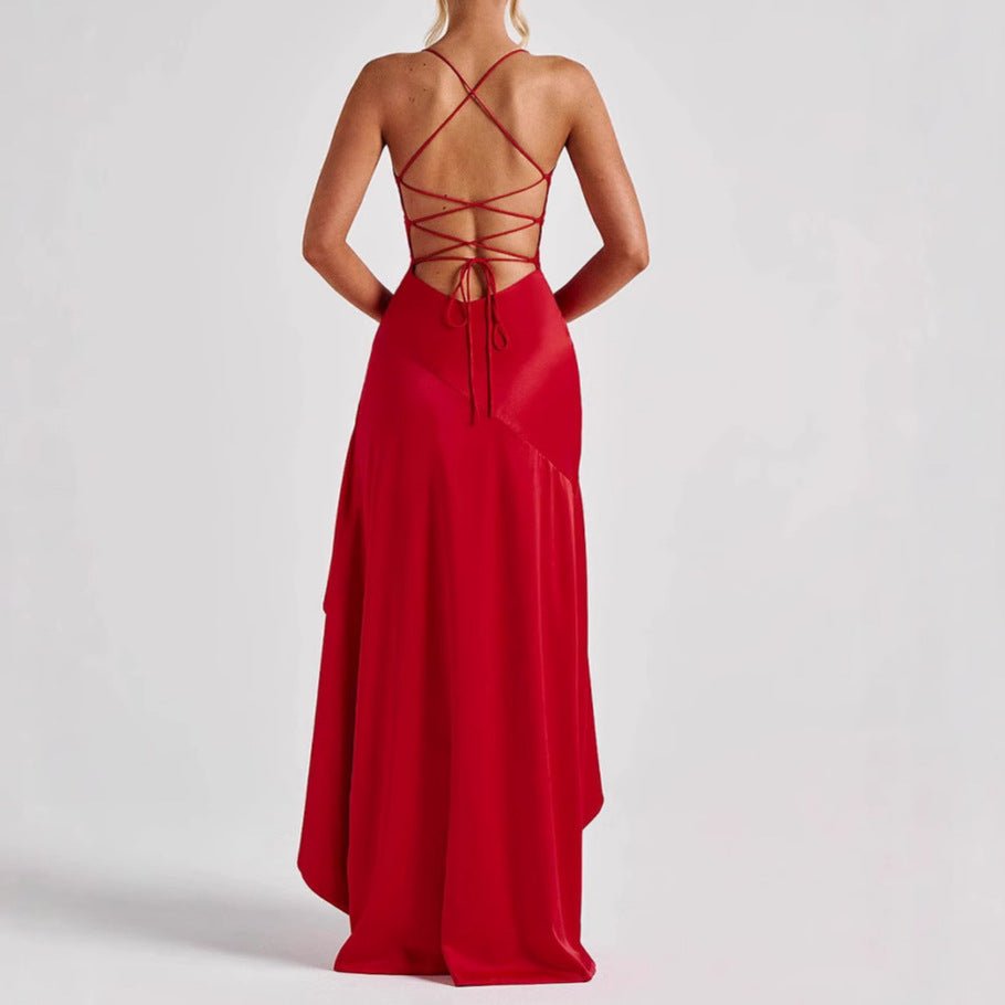 Women's Backless Ruffles Irregular Dress Summer Fashion Evening Party Club Split Suspender Maxi Dresses Clothing - PratSN