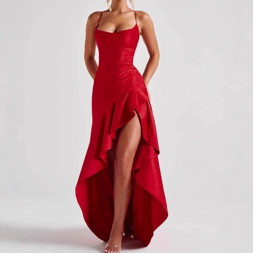 Women's Backless Ruffles Irregular Dress Summer Fashion Evening Party Club Split Suspender Maxi Dresses Clothing - PratSN