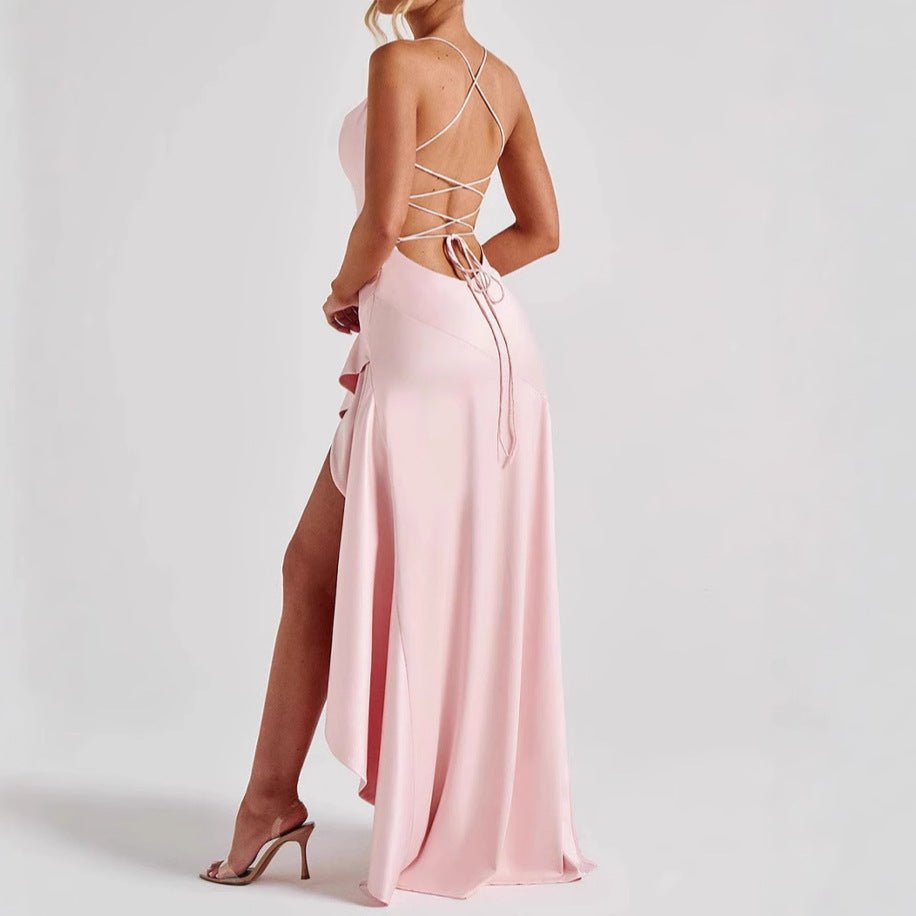 Women's Backless Ruffles Irregular Dress Summer Fashion Evening Party Club Split Suspender Maxi Dresses Clothing - PratSN