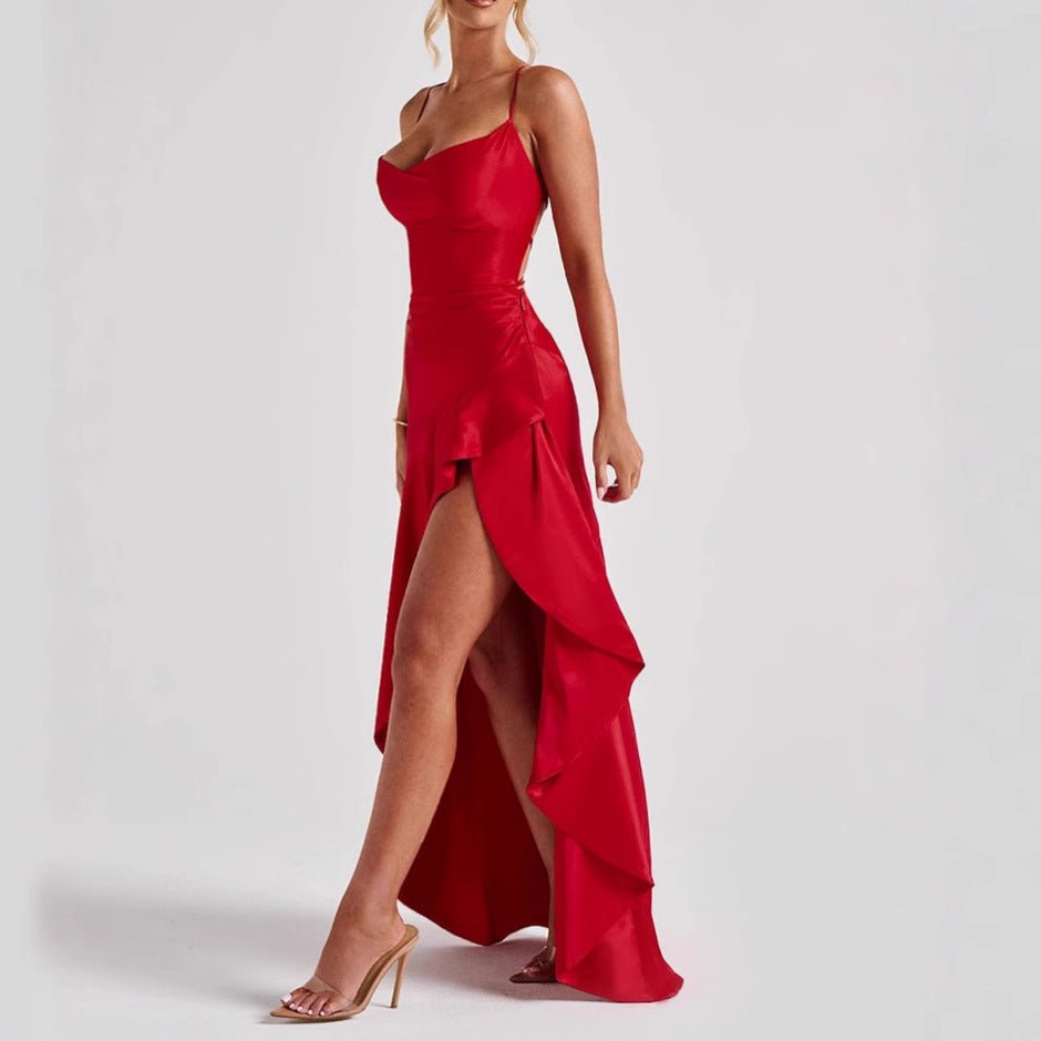 Women's Backless Ruffles Irregular Dress Summer Fashion Evening Party Club Split Suspender Maxi Dresses Clothing - PratSN