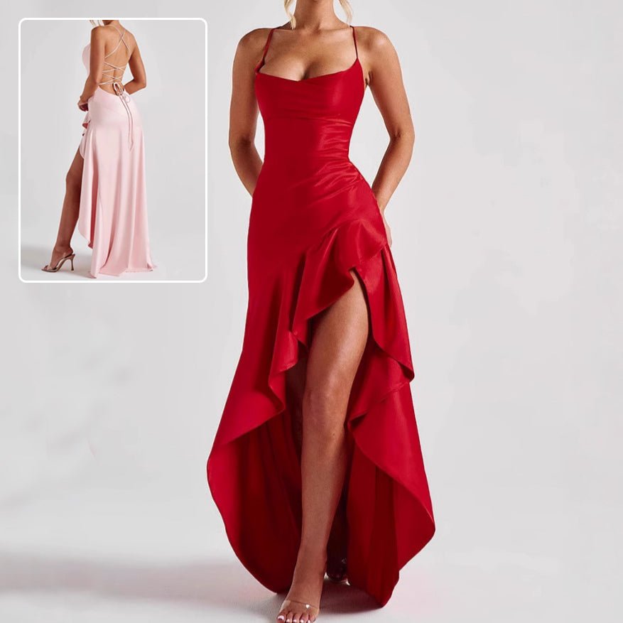 Women's Backless Ruffles Irregular Dress Summer Fashion Evening Party Club Split Suspender Maxi Dresses Clothing - PratSN