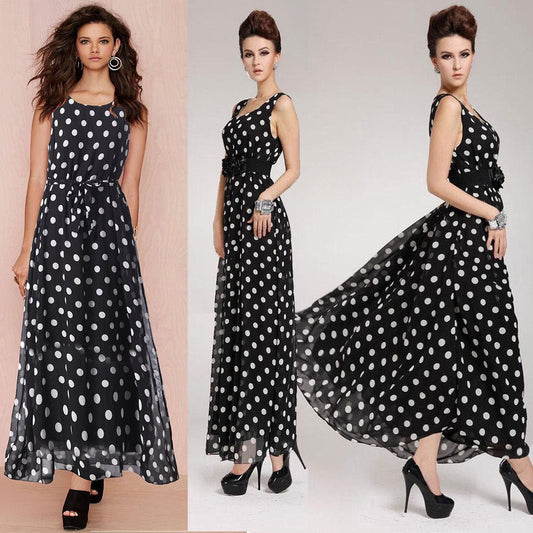 Women's Black And White Polka Dot Chiffon Big Swing Dress - PratSN