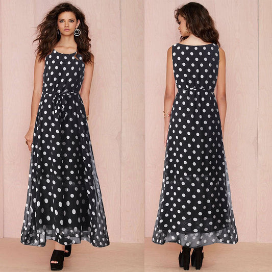 Women's Black And White Polka Dot Chiffon Big Swing Dress - PratSN
