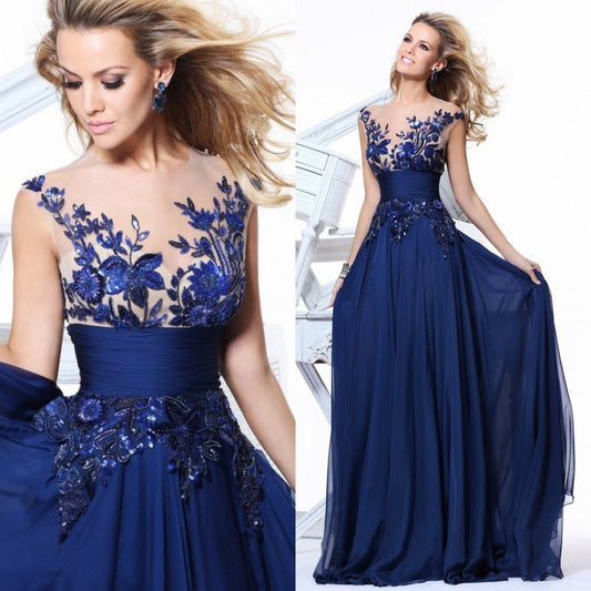 Women's Blue Lace Flower Mirror Backless Wedding Bride Bridal Gown Dinner Party Stage Host Dress - PratSN