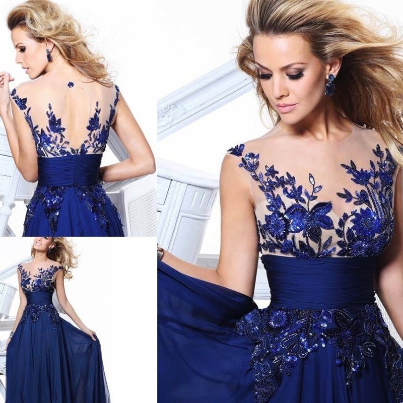 Women's Blue Lace Flower Mirror Backless Wedding Bride Bridal Gown Dinner Party Stage Host Dress - PratSN