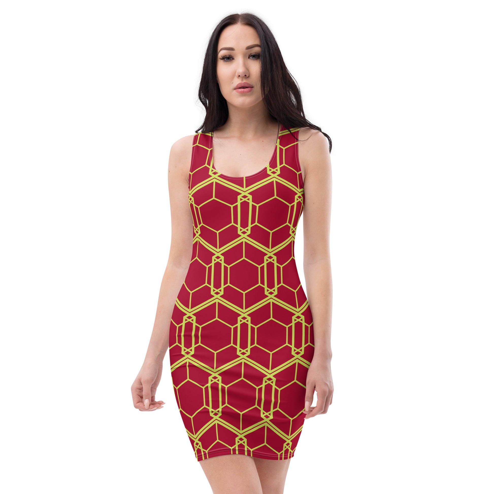 Women's Bodycon dress, Geometric Pattern, Carmine Red and Mindaro Green Pencil Dress Body hugging fit tank top dress, elegant bodycon, sleeveless dress for your favorite party, summer and spring - PratSN