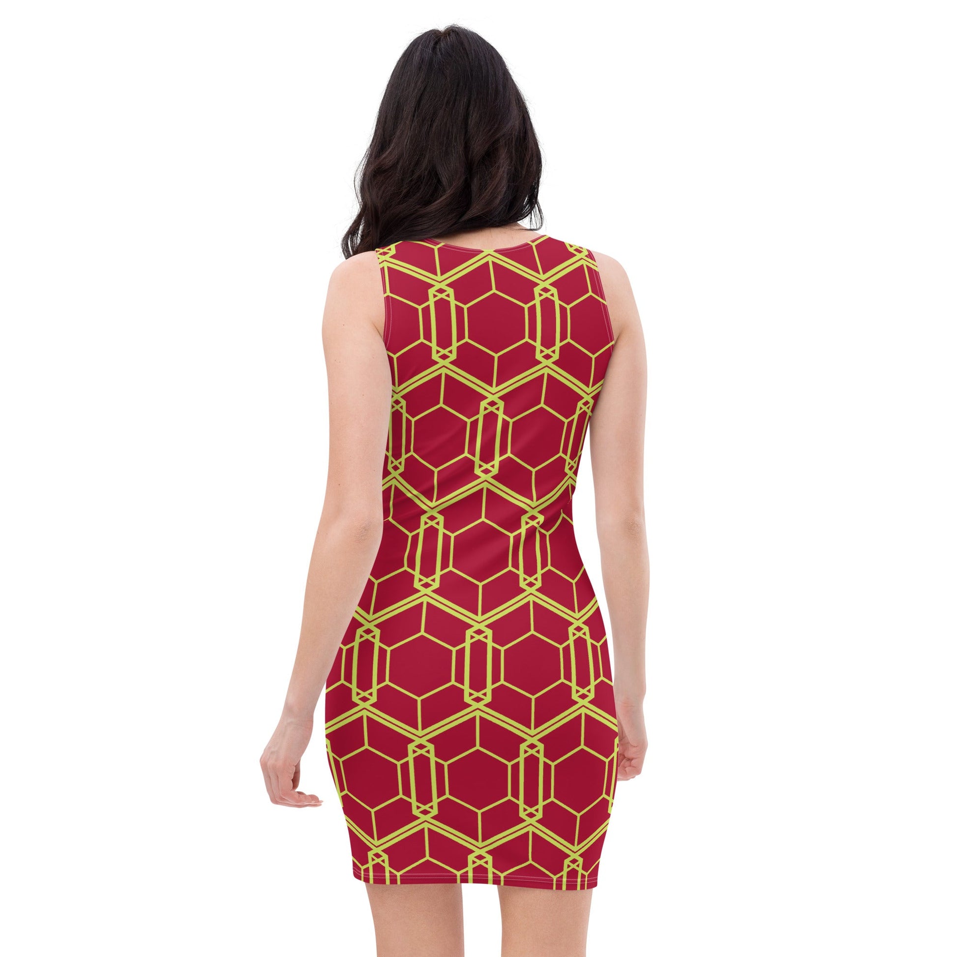 Women's Bodycon dress, Geometric Pattern, Carmine Red and Mindaro Green Pencil Dress Body hugging fit tank top dress, elegant bodycon, sleeveless dress for your favorite party, summer and spring - PratSN