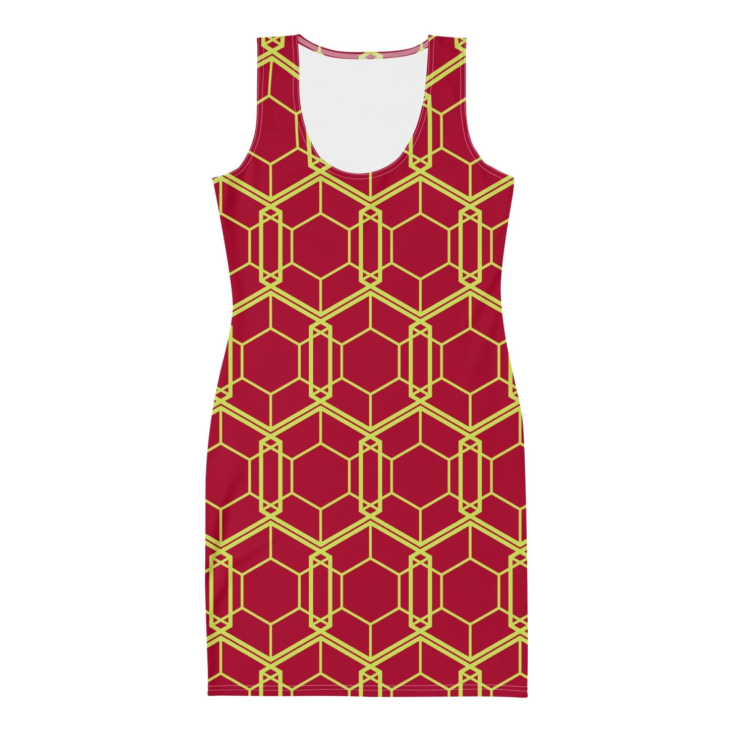 Women's Bodycon dress, Geometric Pattern, Carmine Red and Mindaro Green Pencil Dress Body hugging fit tank top dress, elegant bodycon, sleeveless dress for your favorite party, summer and spring - PratSN