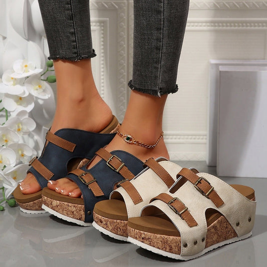 Women's Buckle Wedges Sandals Summer Fish Mouth Thick High Heel Slides Slippers Outdoor Fashion Beach - PratSN