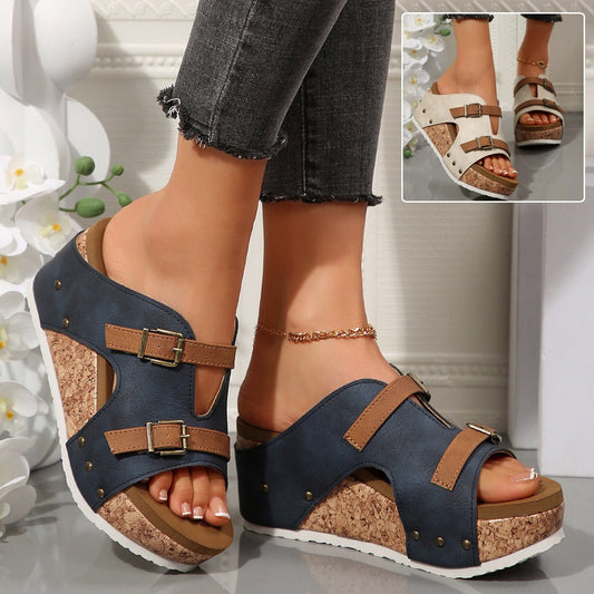 Women's Buckle Wedges Sandals Summer Fish Mouth Thick High Heel Slides Slippers Outdoor Fashion Beach - PratSN