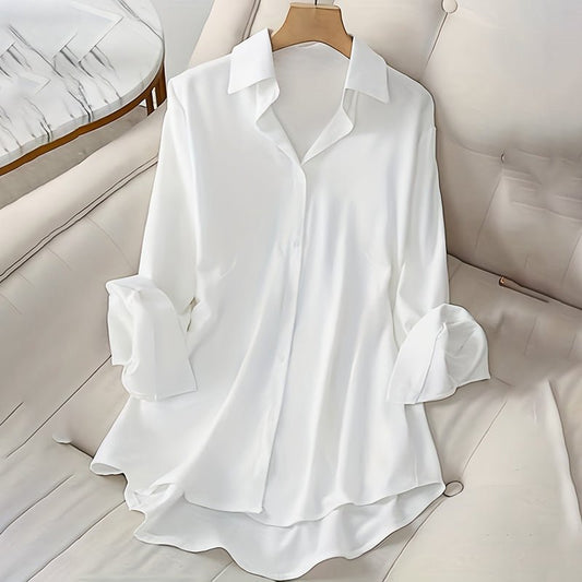 Women's Casual Solid Color Lapel Long Sleeve Shirt Spring Autumn Comfort Full Button Office Blouse - PratSN
