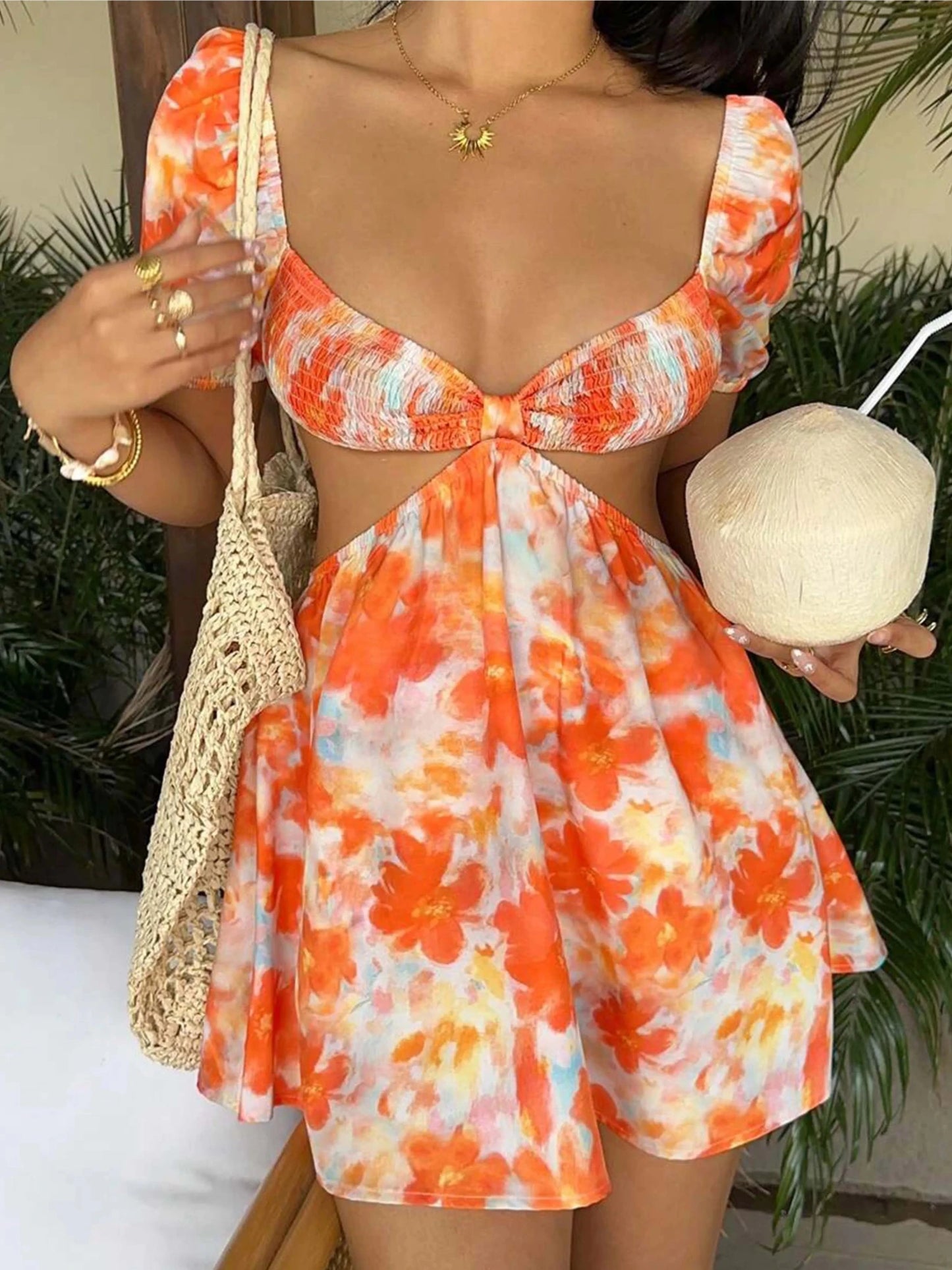 Women's Casual Vacation Versatile Stylish Floral Tie - Dye Print Puff Sleeve Mini Dress, Spring & Summer - PratSN