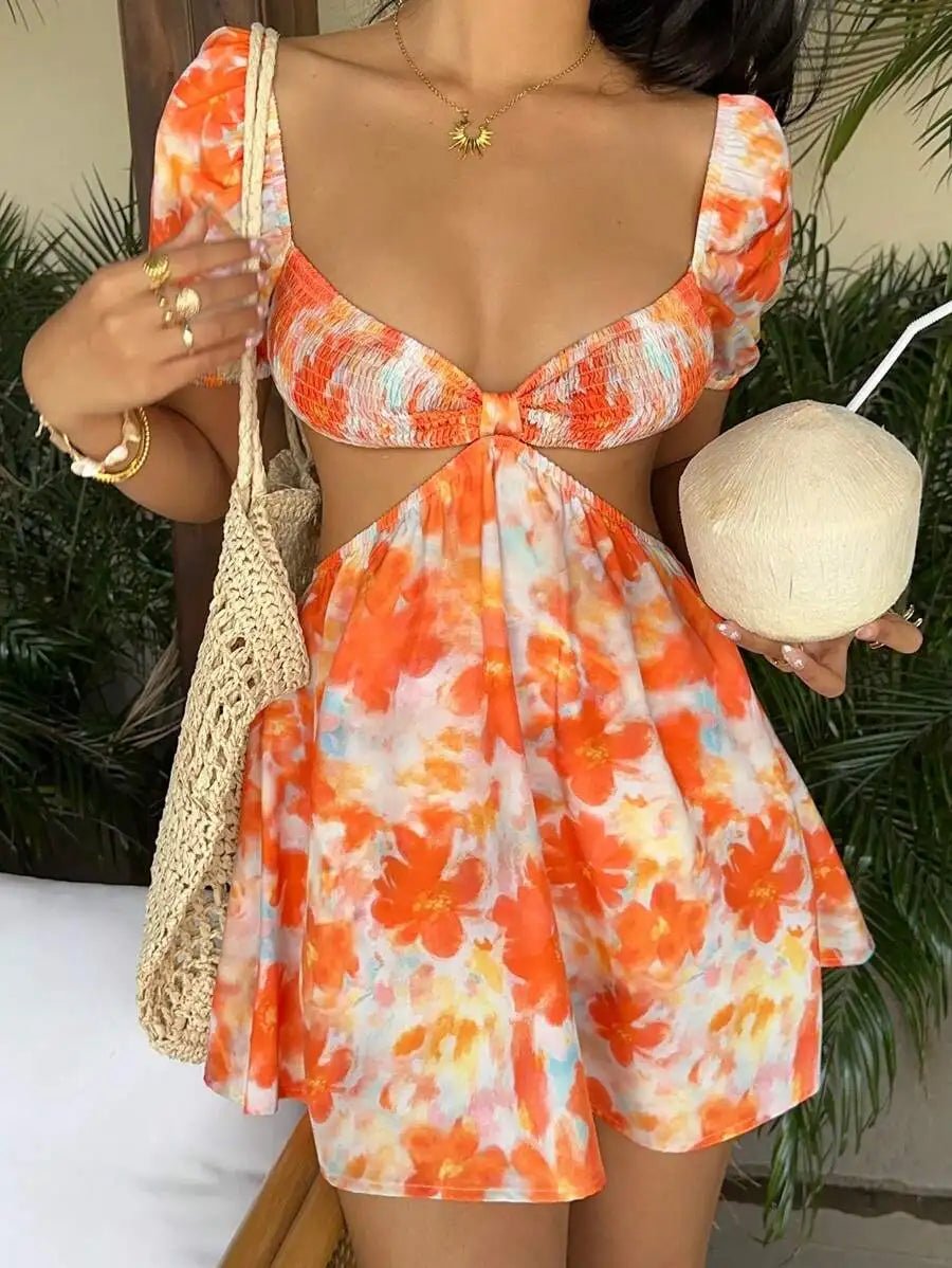 Women's Casual Vacation Versatile Stylish Floral Tie - Dye Print Puff Sleeve Mini Dress, Spring & Summer - PratSN