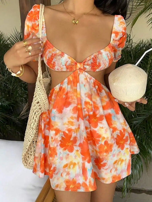 Women's Casual Vacation Versatile Stylish Floral Tie - Dye Print Puff Sleeve Mini Dress, Spring & Summer - PratSN
