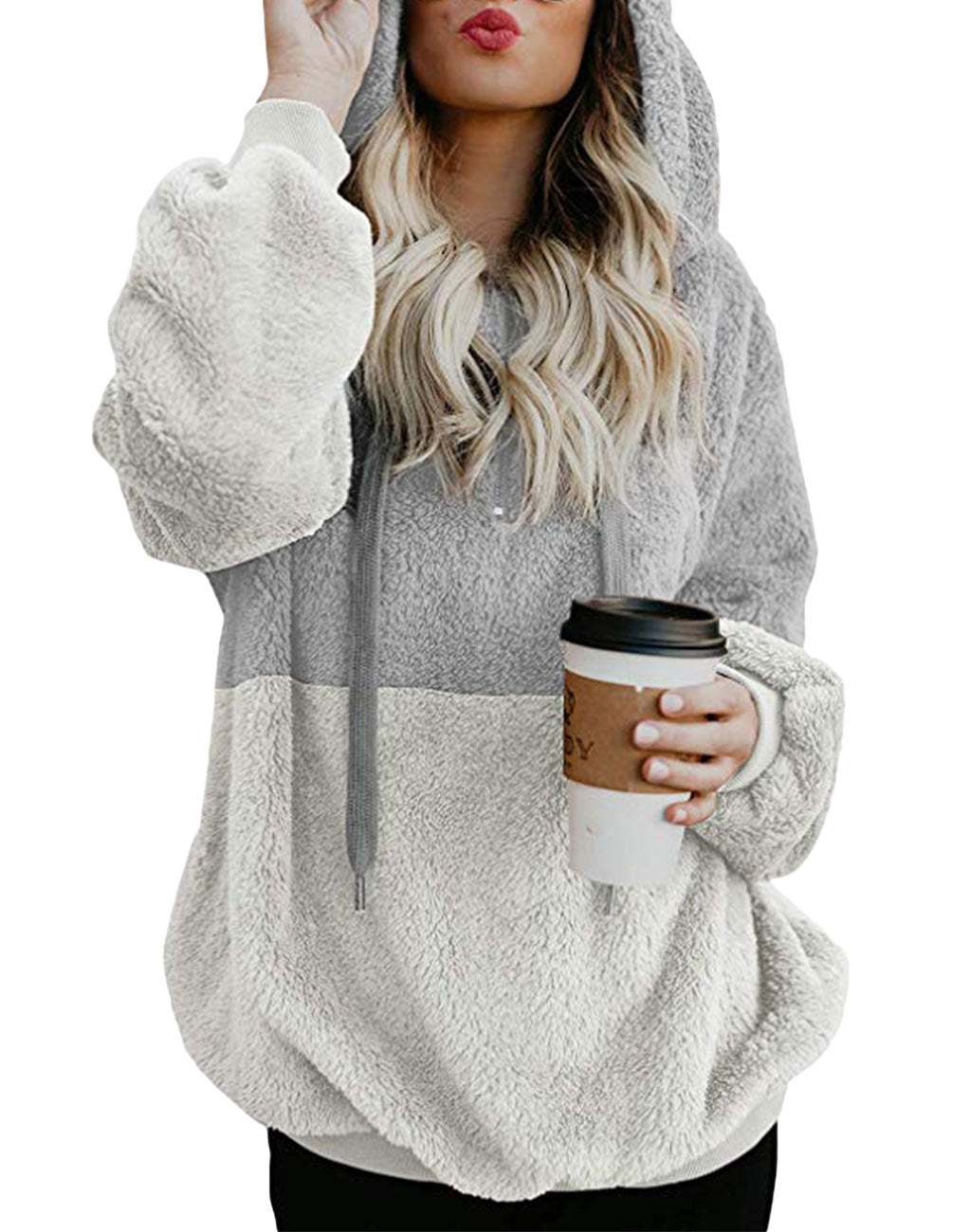 Women's Casual Zipper Patchwork Hooded Sweatshirt Autumn Winter Hooded Warm Loose Tops - PratSN
